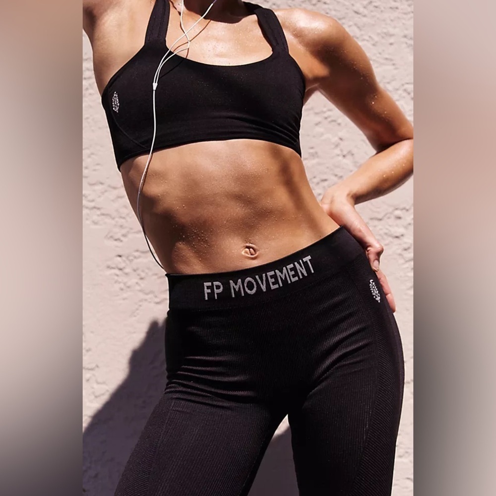 NWOT Free People FP Movement Long Haul Logo Ribbed Leggings Black Athletic Pants - Picture 2 of 11